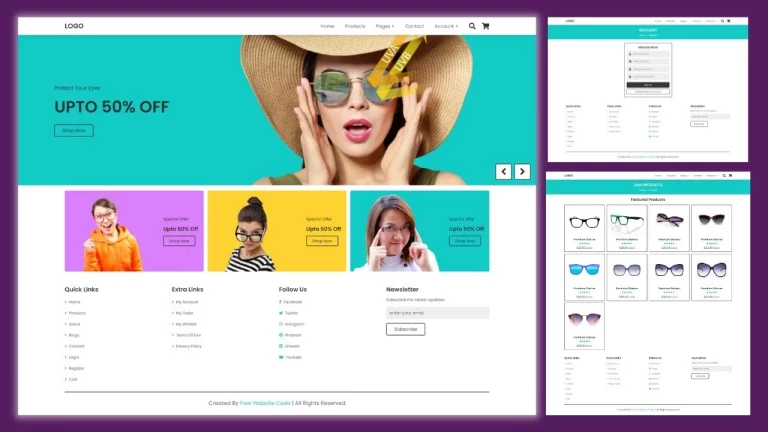 Glasses - Sunglass Website Design Free Download HTML CSS JavaScript - Goggles E-commerce Online Shopping Website Template
